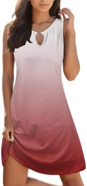 Women Summer Tank Dresses Gradient Printed Everyday Sundress Loose Breathable Crew Neck Beach Vacation Short Dress