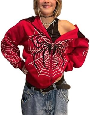 Women Y2K Spider Web Hoodies Punk Jackets Streetwear Goth Harajuku Oversized Vintage Graphic Full Zip Up Hoodie