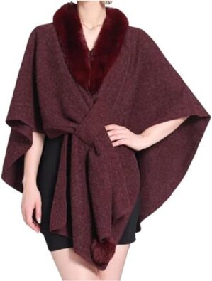 Womens Batwing Sleeve Fur Collar Cloak Shawl Scarf,Loose V Neck Cardigan Sweater,Luxury Faux Fur Hooded cape coat