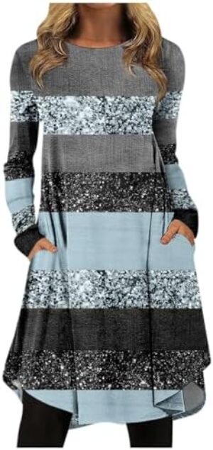 Women's Black Dress Fashion Casual Solid Color Round Neck Pullover Loose Long Sleeve Dress White, S-3XL