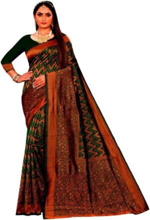 Women's Cotton Printed Banarai Silk Saree With Fancy Blouse Free Size Traditional Cultural Wear Cloth