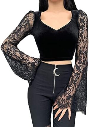Women's Gothic Lace Flare Sleeved Splicing V-Neck Velet Tops Hollow Out Black T-Shirt