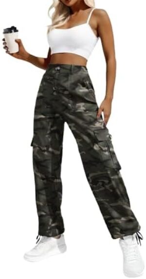 Women's High Waisted Cargo Pants Travel Y2K Streetwear Baggy Stretchy Pants with 6 Pockets Drawstring Ankle Cuffs