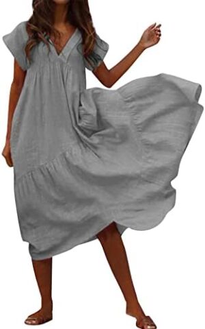 Women's Maxi Dresses Short Sleeve V Neck Ruffle Hem Casual Flowy Dresses Summer 2024 Loose A Line Sundresses