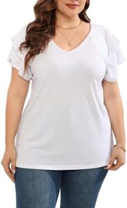 Women’s Plus Size Tops Ruffle Short Sleeve V Neck Solid T Shirts Casual Loose Blouses Tunic Top