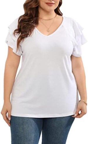 Women's Plus Size Tops Ruffle Short Sleeve V Neck Solid T Shirts Casual Loose Blouses Tunic Top