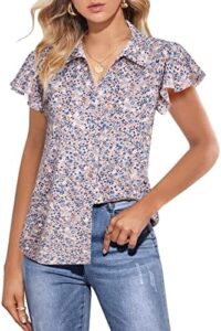 Women’s Ruffle Short Sleeve V Neck Collared Button Down Shirts Summer Chiffon Blouse Tops
