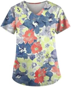 Women’s Scrub Top 2024 Summer Stretchy Floral Print Short Sleeve V Neck Nurse Shirt All Day Comfort Medical Workwear