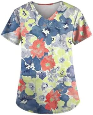 Women's Scrub Top 2024 Summer Stretchy Floral Print Short Sleeve V Neck Nurse Shirt All Day Comfort Medical Workwear