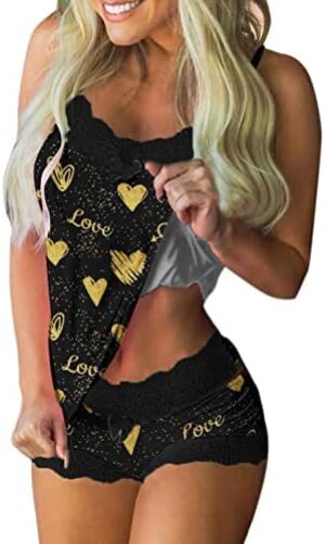 Womens Sexy Lingerie Shorts Set Tie-Dye Intimates Lace Trim Tank Top Elastic Waist Pants Plus Size Soft Pajamas Sleepwears