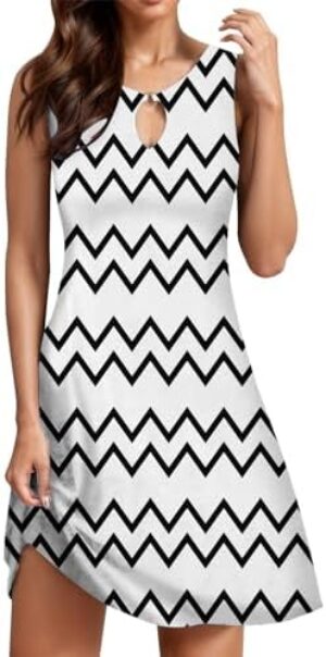 Women's Sundress Summer Trendy Wave Pattern Print Tank Dress Sleeveless Hollow Loop Buckle V Neck Beach Vacation Dress