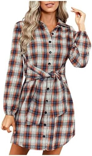 Women's Wedding Guest Dresses Tie Waist Shirt Long Sleeve Lapel Short Skirt Plaid Dress Fall Dresses 2023