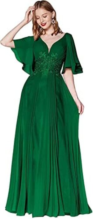 Women's lace Appliques Mother of The Bride Dresses Chiffon v Neck Wedding Guest Party Gowns a-line Formal Evening Gowns