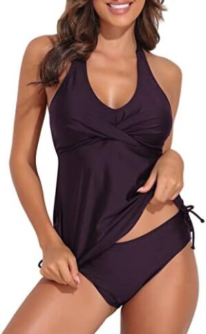 coastal rose Two Piece Tankini Bathing Suits for Women V Neck Halter Tankini Top with Bikini Bottom Tummy Control Swimsuits