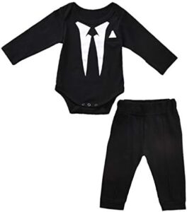 fioukiay Newborn Baby Boy’s-Blazer-Tuxedo-Suits-Clothes 2pcs Long Sleeve Cotton Bodysuit and Pants Tie Gentleman Outfits Set