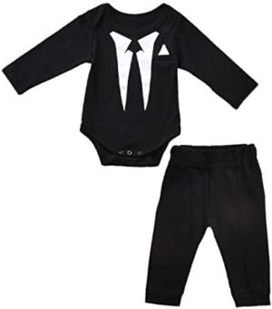 fioukiay Newborn Baby Boy's-Blazer-Tuxedo-Suits-Clothes 2pcs Long Sleeve Cotton Bodysuit and Pants Tie Gentleman Outfits Set