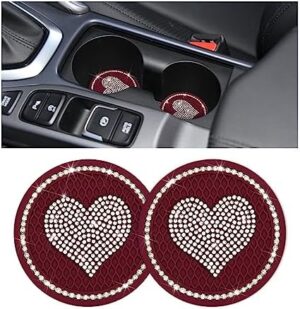 ipelo Heart Bling Car Cup Holder Coaster, 2PCS Universal Crystal Rhinestone Loving Heart Car Coasters, Cute Vehicle Anti-Slip Drink Cup Mat, Auto Interior Accessories Universal for Women (Coffee)