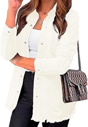 luvamia Womens Denim Jacket Distressed Button Down Jean Shirt For Women Ripped Shacket Coat