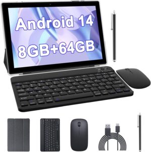 10 inch Android 14 Tablet with Keyboard, 2 in 1 Tablets Set Include Case Mouse Stylus, 8GB RAM+64GB ROM, Quad Core 10.1'' Tab, 6000mAh Battery, 8MP Dual Camera, Google GMS Certification Tableta