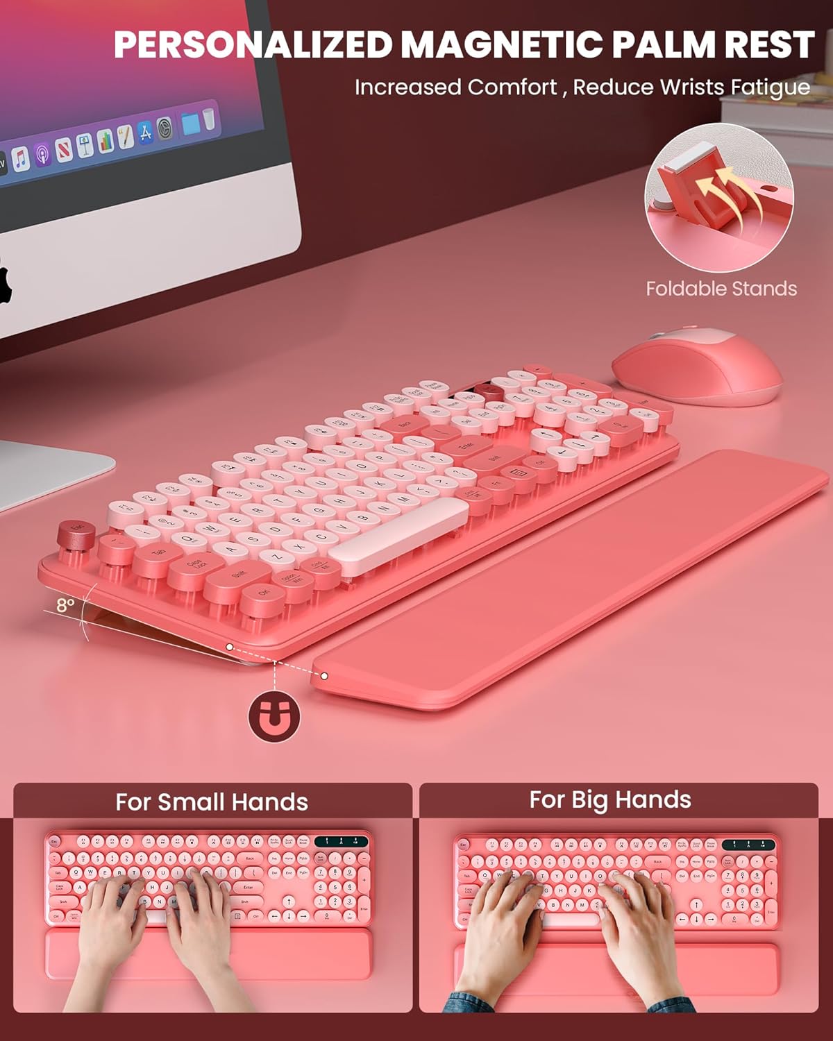 Wireless Keyboard and Mouse - Cute Typewriter Keyboard with Detachable Wrist Rest, Retro Round Keycaps, Foldable Legs, 2.4GHz Full-Size Keyboard Combo for PC, Laptop, Windows - Trueque (Colorful-Pink) - Image 3