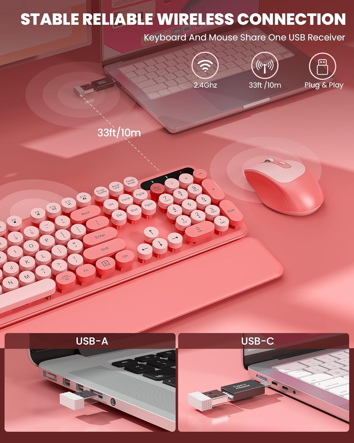 Wireless Keyboard and Mouse - Cute Typewriter Keyboard with Detachable Wrist Rest, Retro Round Keycaps, Foldable Legs, 2.4GHz Full-Size Keyboard Combo for PC, Laptop, Windows - Trueque (Colorful-Pink) - Image 4