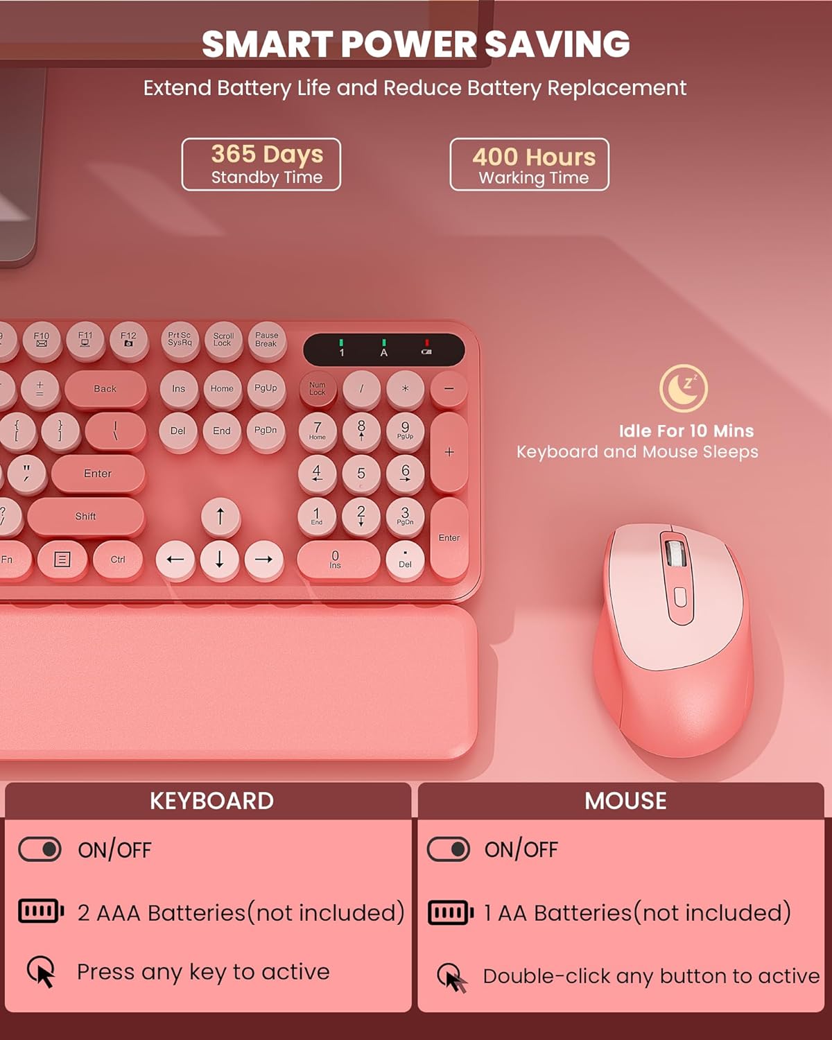 Wireless Keyboard and Mouse - Cute Typewriter Keyboard with Detachable Wrist Rest, Retro Round Keycaps, Foldable Legs, 2.4GHz Full-Size Keyboard Combo for PC, Laptop, Windows - Trueque (Colorful-Pink) - Image 5