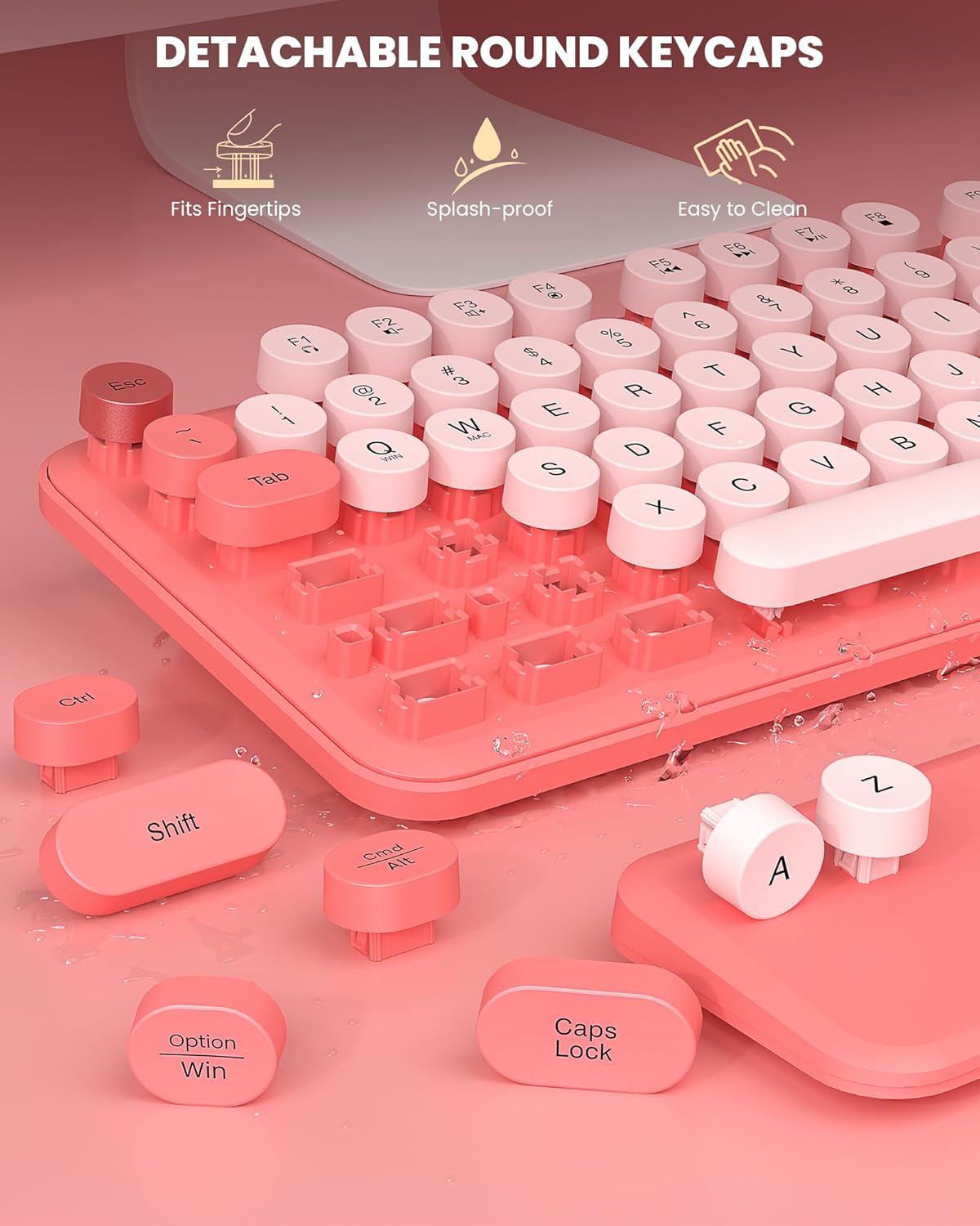 Wireless Keyboard and Mouse - Cute Typewriter Keyboard with Detachable Wrist Rest, Retro Round Keycaps, Foldable Legs, 2.4GHz Full-Size Keyboard Combo for PC, Laptop, Windows - Trueque (Colorful-Pink) - Image 6