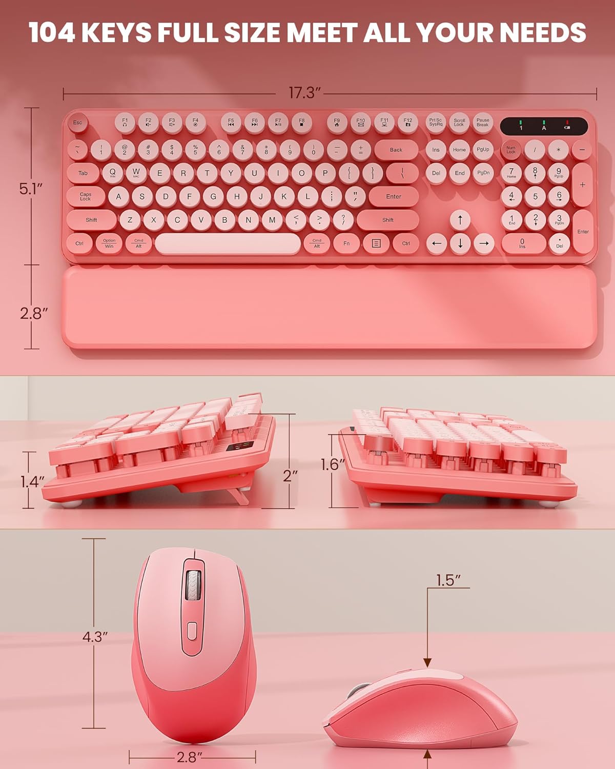 Wireless Keyboard and Mouse - Cute Typewriter Keyboard with Detachable Wrist Rest, Retro Round Keycaps, Foldable Legs, 2.4GHz Full-Size Keyboard Combo for PC, Laptop, Windows - Trueque (Colorful-Pink) - Image 7