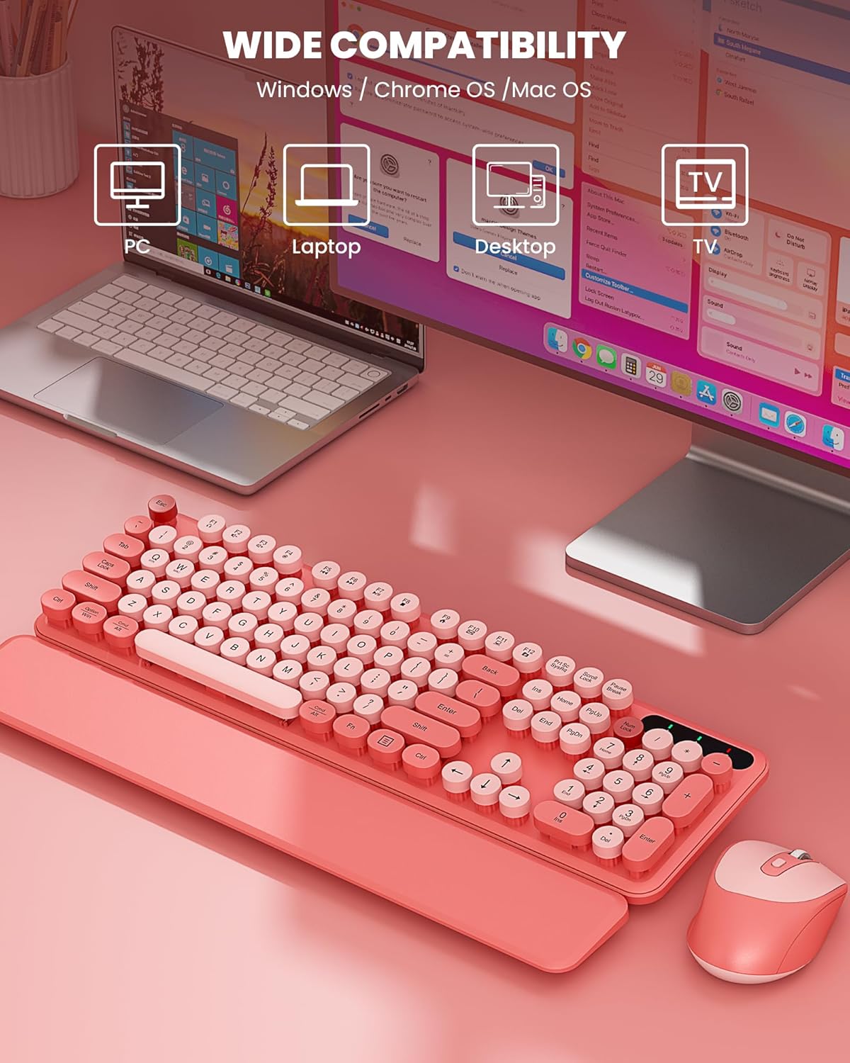 Wireless Keyboard and Mouse - Cute Typewriter Keyboard with Detachable Wrist Rest, Retro Round Keycaps, Foldable Legs, 2.4GHz Full-Size Keyboard Combo for PC, Laptop, Windows - Trueque (Colorful-Pink) - Image 8