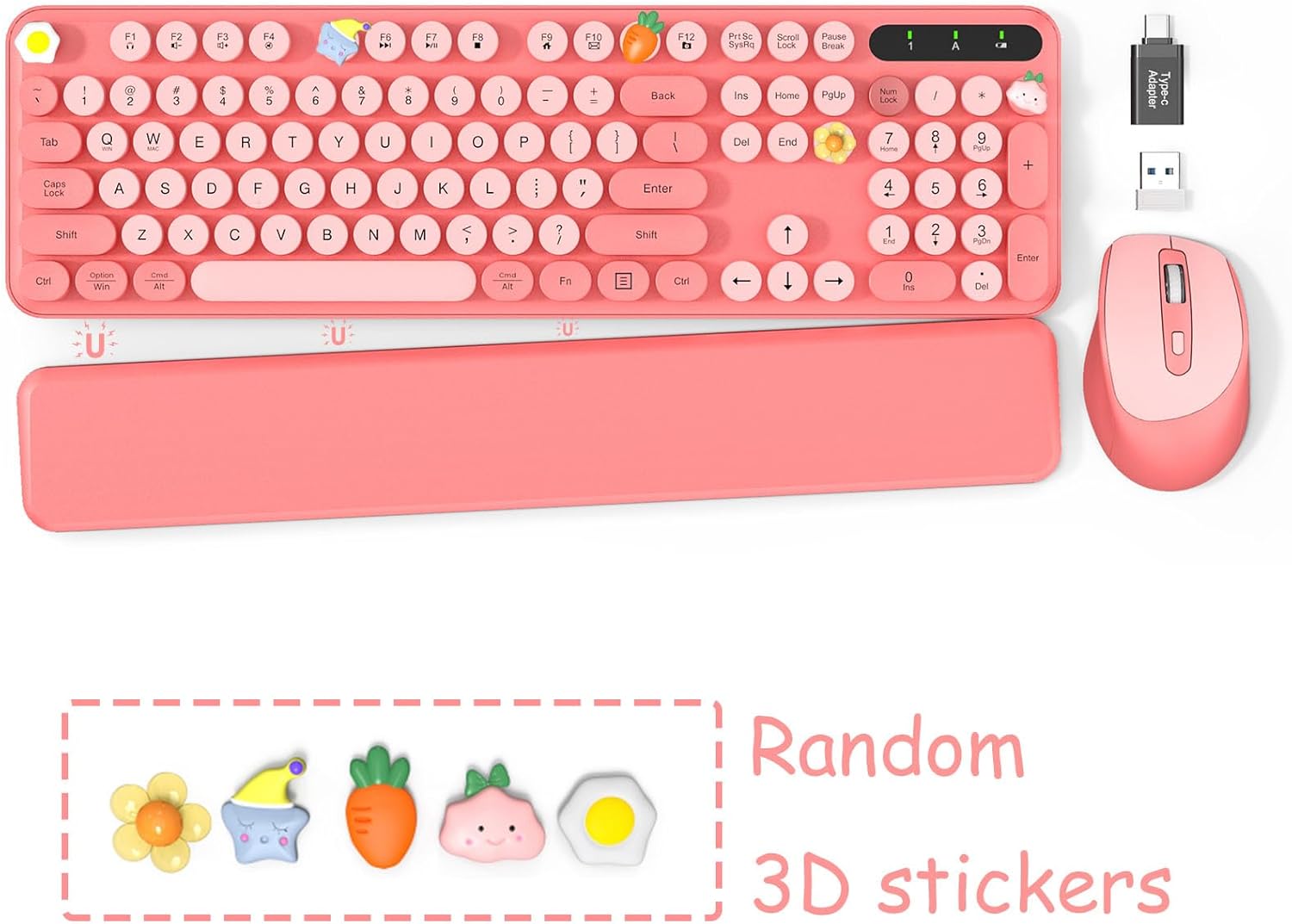 Wireless Keyboard and Mouse - Cute Typewriter Keyboard with Detachable Wrist Rest, Retro Round Keycaps, Foldable Legs, 2.4GHz Full-Size Keyboard Combo for PC, Laptop, Windows - Trueque (Colorful-Pink) - Image 9
