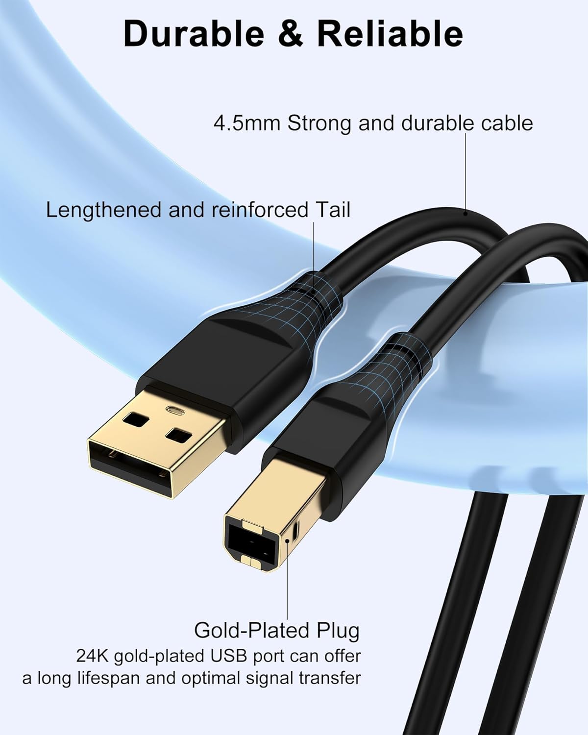 HP Printer Cable 10ft, Square USB A to USB B Cable for Printer/Scanner Epson, HP, Canon, Brother, Ethernet Print Smoothly Connect to Computer/Laptop/Pc-USB 2.0 Type B Impresora Midi Long Cord, 10Foot - Image 3