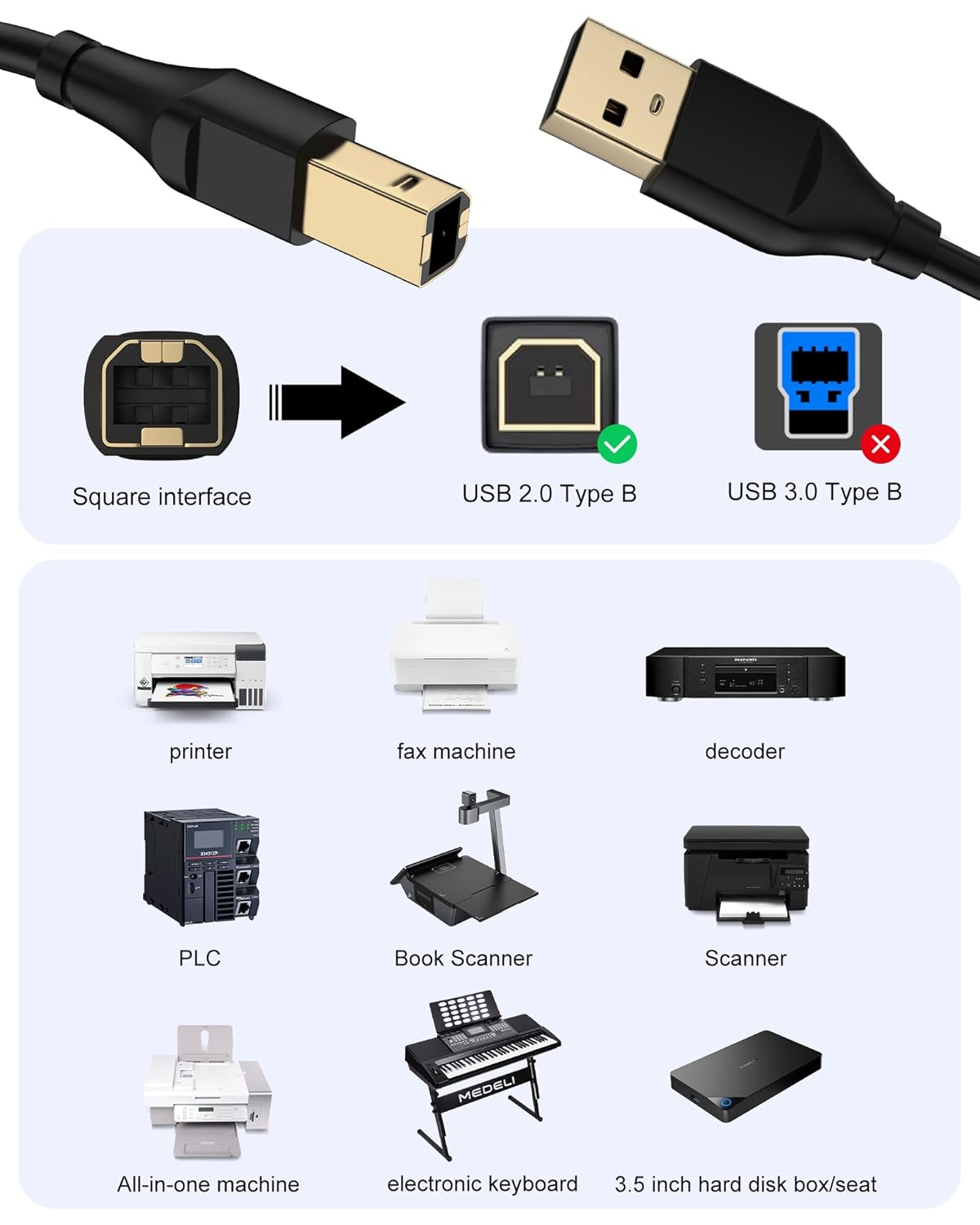 HP Printer Cable 10ft, Square USB A to USB B Cable for Printer/Scanner Epson, HP, Canon, Brother, Ethernet Print Smoothly Connect to Computer/Laptop/Pc-USB 2.0 Type B Impresora Midi Long Cord, 10Foot - Image 7