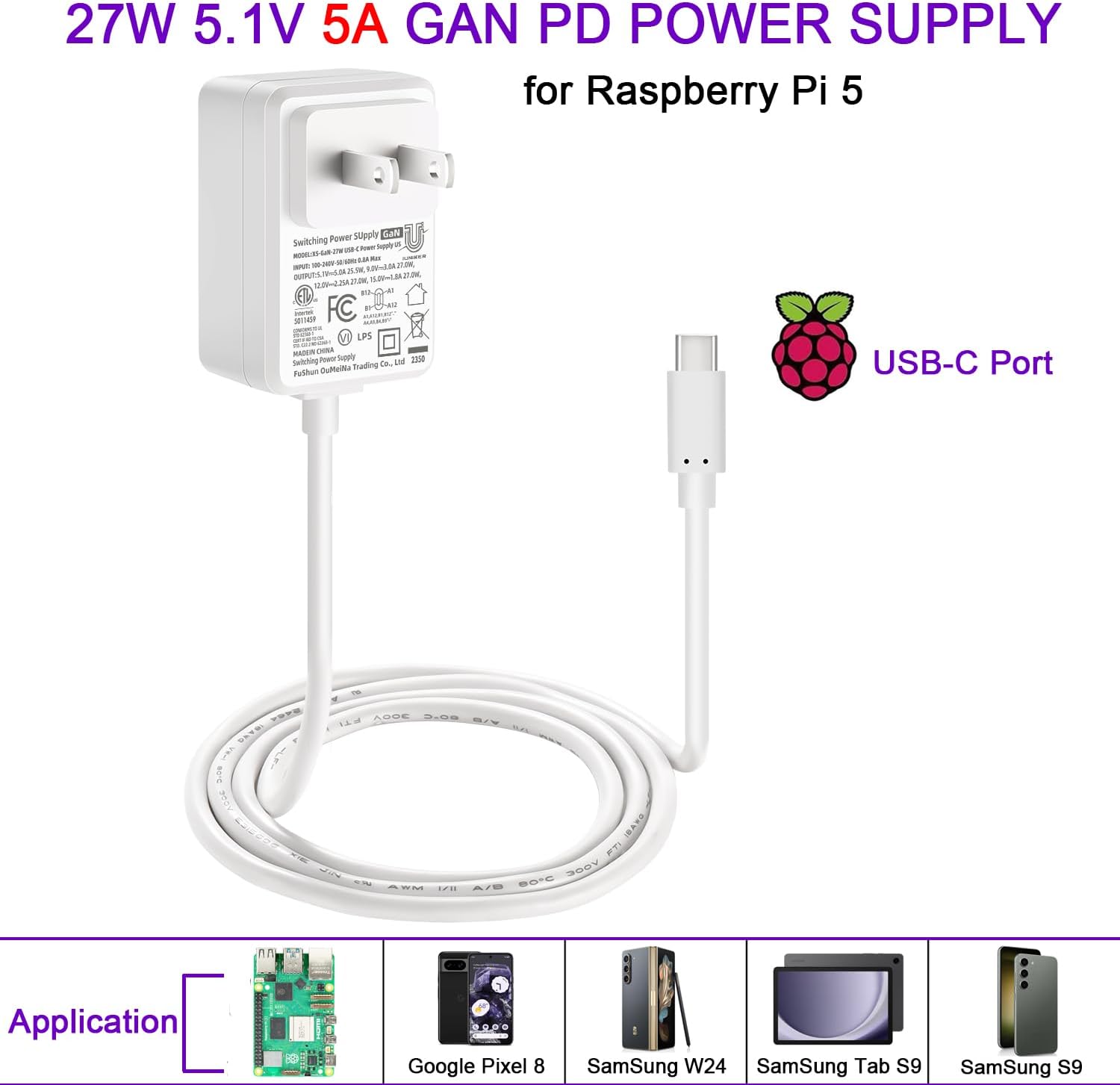 [GaN PD 27W] iUniker Power Supply for Raspberry Pi 5, 5.1V 5A 27W PD Power Supply USB-C Power Supply for Raspberry Pi for Raspberry Pi 5(ETL Listed) - Image 5