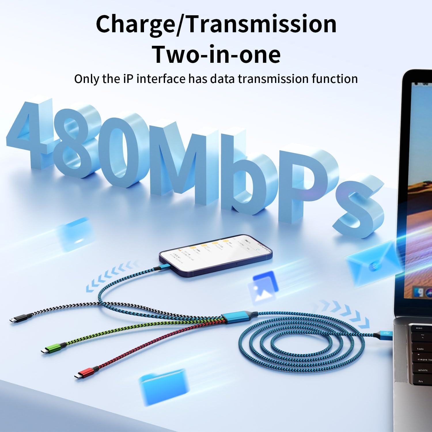Dual Type-C 4 in 1 Charging Cable, (2 Pack 5FT) Multi Charging Cables for Multiple Devices,Universal Charger Phone Charger Cord with 2 USB-C/IP/Micro USB Port for Cellphone/Tablets/Pads - Image 3