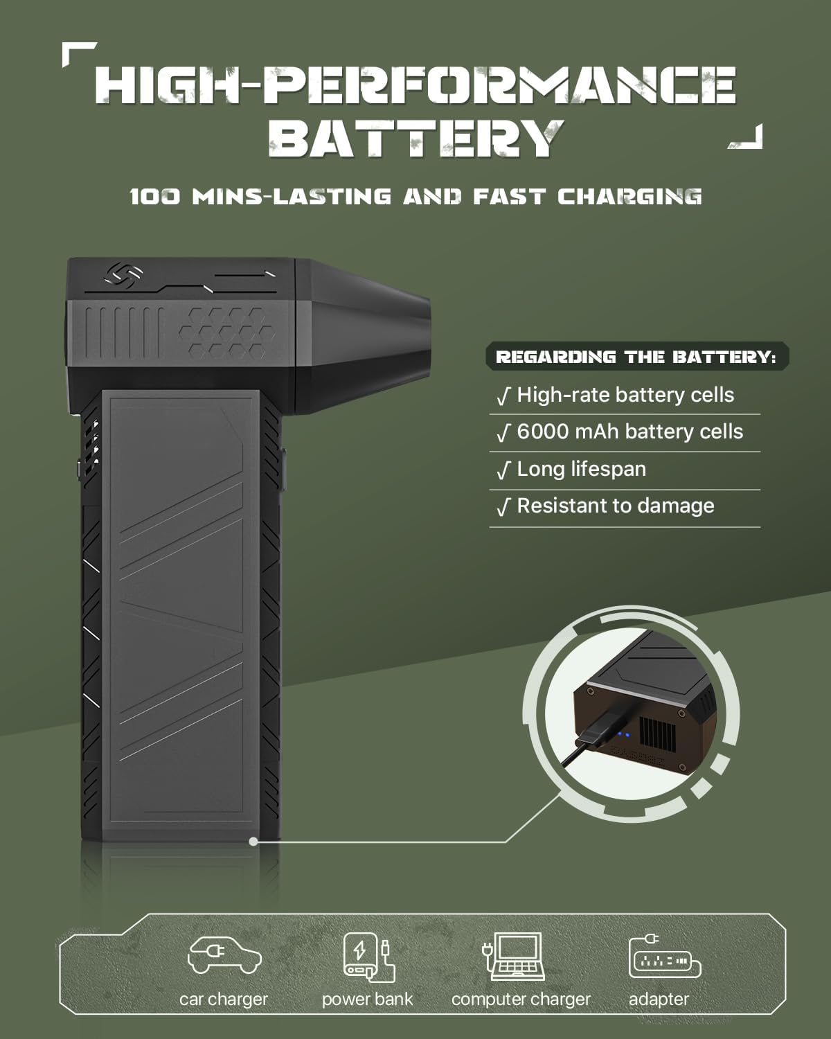 EUKI Compressed Air Duster-150000RPM Electric Air Duster, Cordless Rechargeable High-Speed Air Blower, 3-Gear Adjustable Jet Dry Blower for Keyboard, PC, Car, Air Bed and Home Cleaning, Black - Image 7