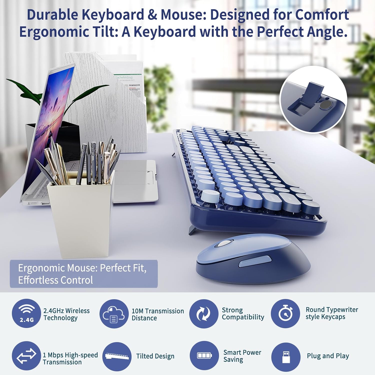 Wireless Keyboard and Mouse Combo, Retro Typewriter Keyboard with Round Keycaps, Full-Size Ergonomic, Blue, Ideal for Windows PC, Home, Office, and College, Wireless Keyboard Mouse Combo - Image 5