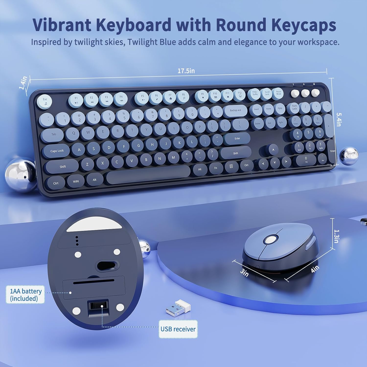 Wireless Keyboard and Mouse Combo, Retro Typewriter Keyboard with Round Keycaps, Full-Size Ergonomic, Blue, Ideal for Windows PC, Home, Office, and College, Wireless Keyboard Mouse Combo - Image 6