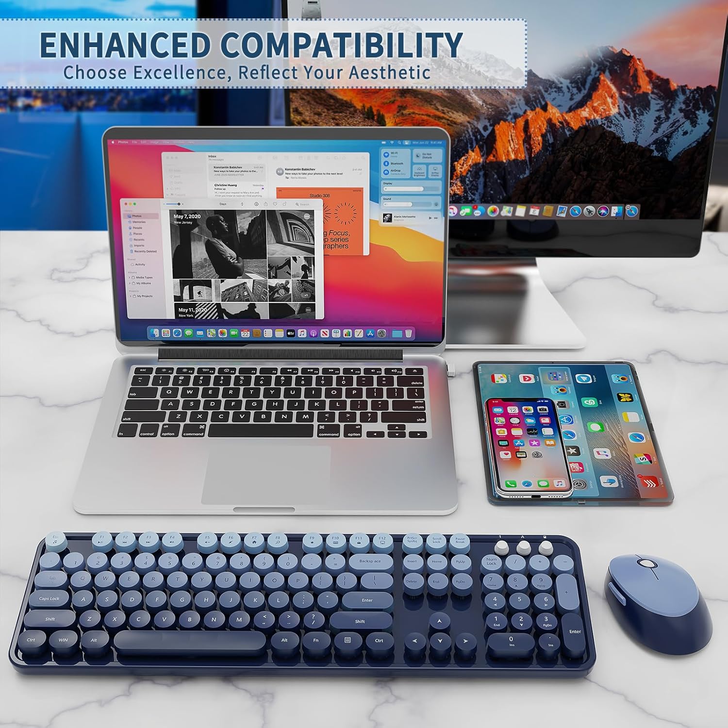 Wireless Keyboard and Mouse Combo, Retro Typewriter Keyboard with Round Keycaps, Full-Size Ergonomic, Blue, Ideal for Windows PC, Home, Office, and College, Wireless Keyboard Mouse Combo - Image 7
