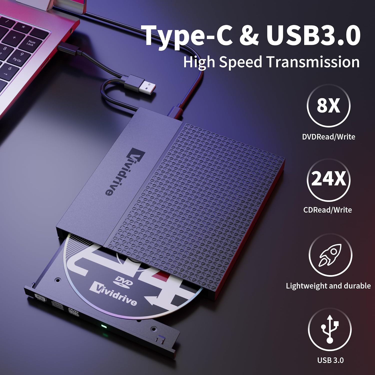 External CD/DVD Drive for Laptop, USB 3.0 Type-C USB Portable Player for Laptop CD DVD +/-RW Disk Drive CD ROM Burner Writer CD/DVD Burner Reader Compatible with Desktop Windows Linux Apple - Image 5