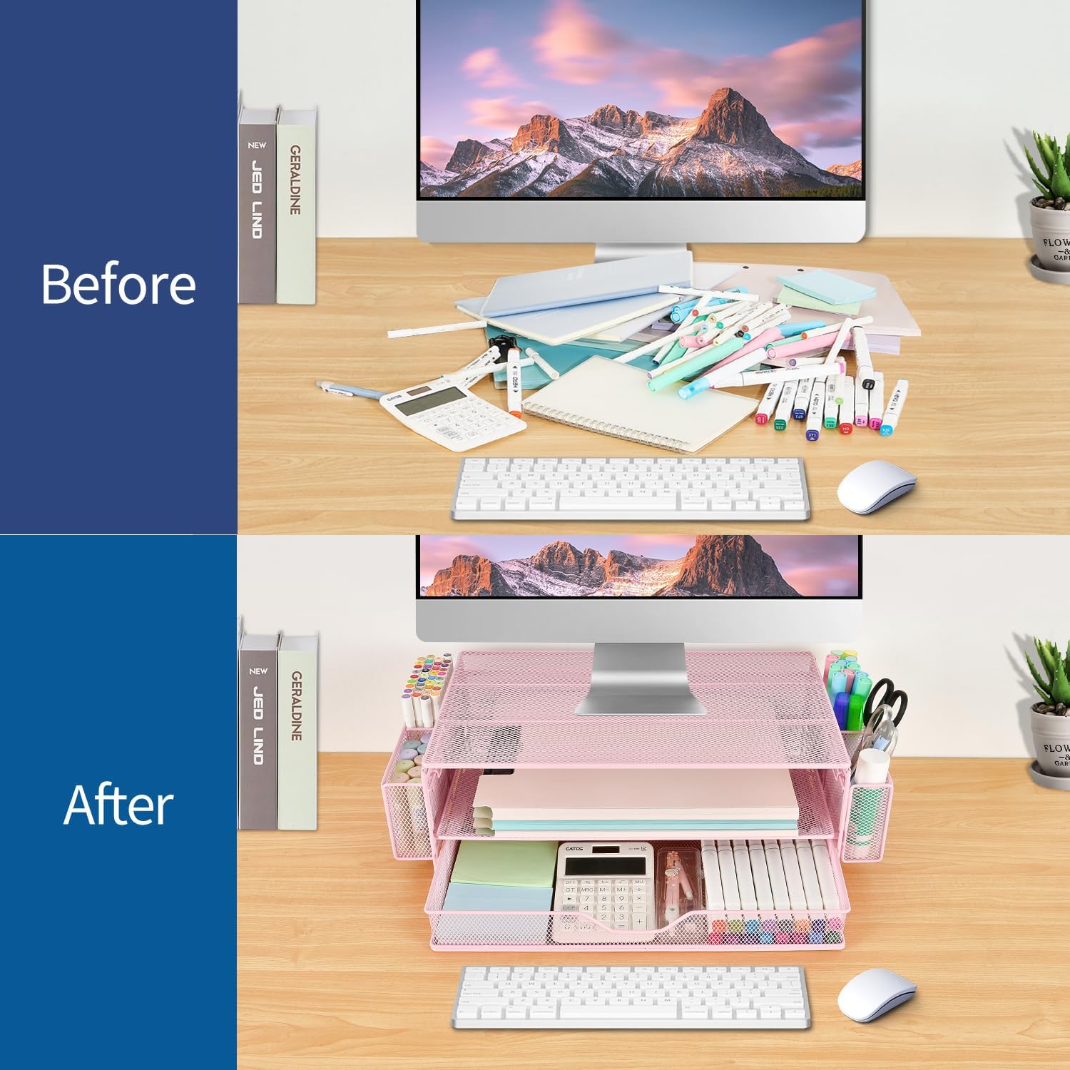 AUPSEN Computer Monitor Stands with Drawers and 2 Pen Holder, Desk Accessories & Workspace Desk Organizers, Monitor Stand for Computer, Laptop, Printer, Office Supplies(Pink) - Image 3