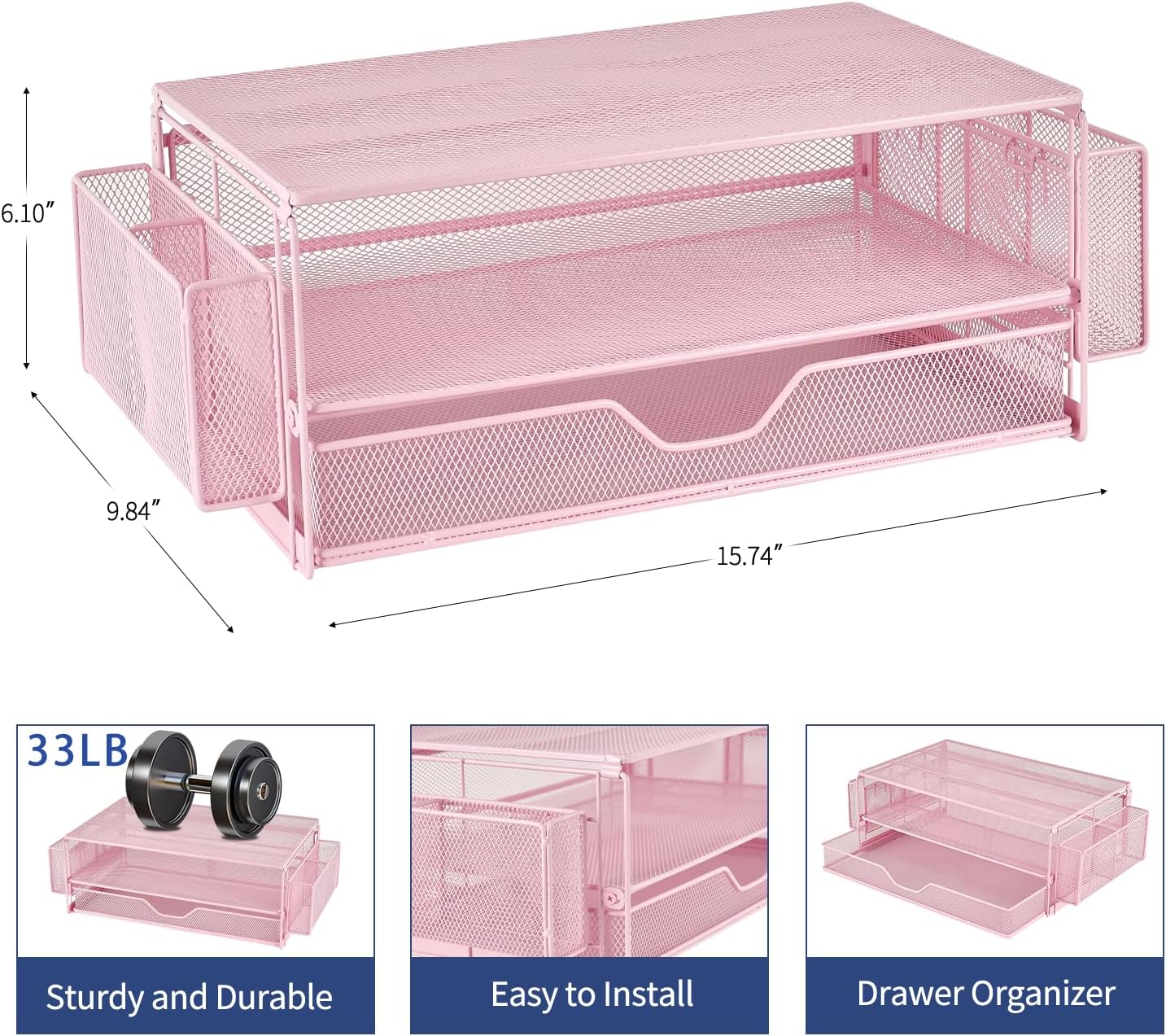 AUPSEN Computer Monitor Stands with Drawers and 2 Pen Holder, Desk Accessories & Workspace Desk Organizers, Monitor Stand for Computer, Laptop, Printer, Office Supplies(Pink) - Image 4