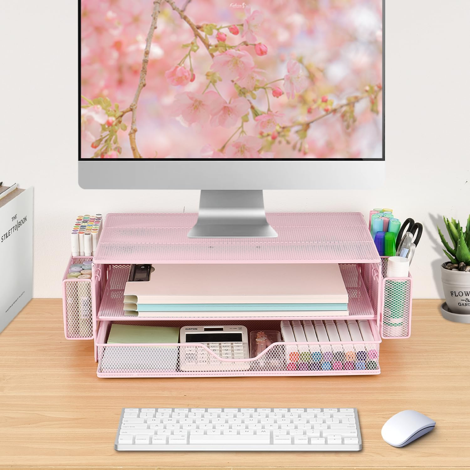 AUPSEN Computer Monitor Stands with Drawers and 2 Pen Holder, Desk Accessories & Workspace Desk Organizers, Monitor Stand for Computer, Laptop, Printer, Office Supplies(Pink) - Image 5