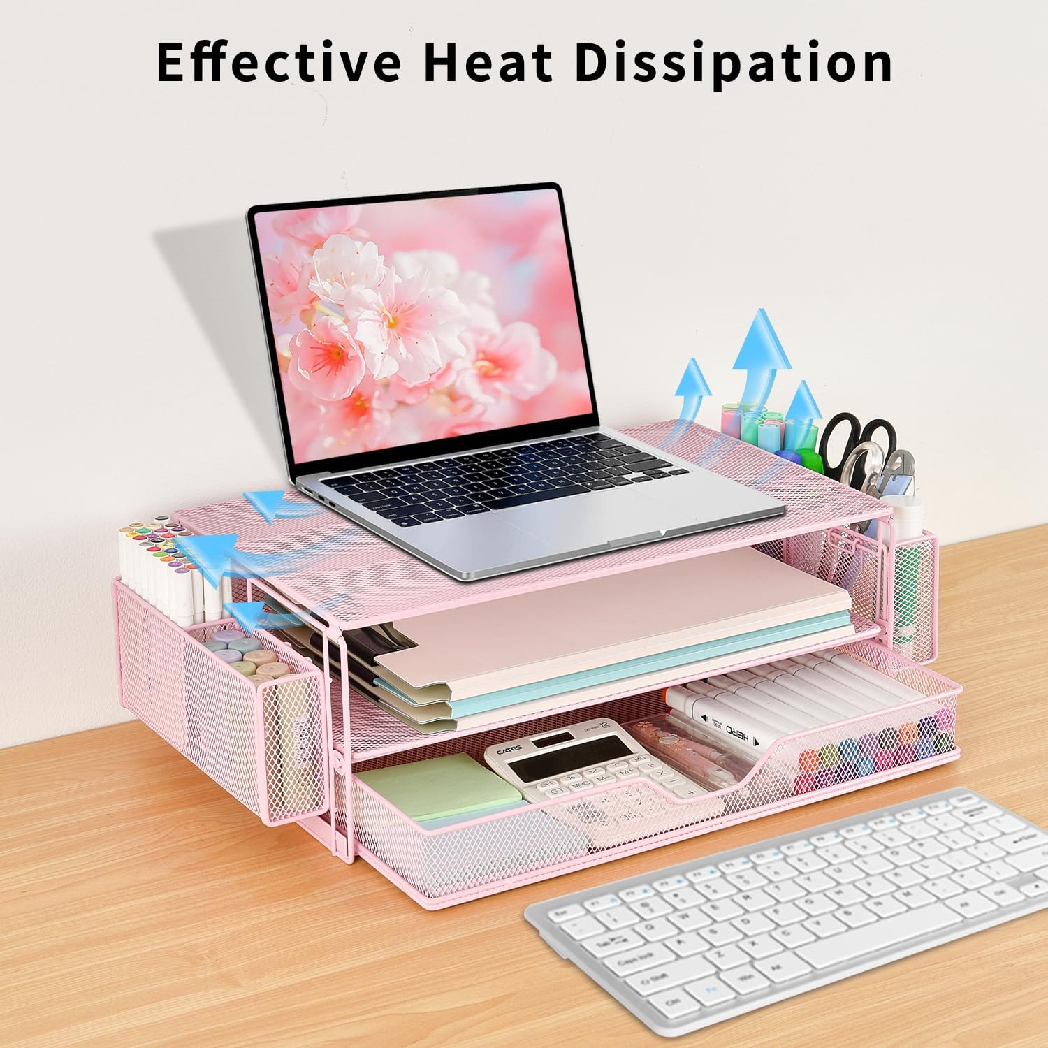 AUPSEN Computer Monitor Stands with Drawers and 2 Pen Holder, Desk Accessories & Workspace Desk Organizers, Monitor Stand for Computer, Laptop, Printer, Office Supplies(Pink) - Image 6