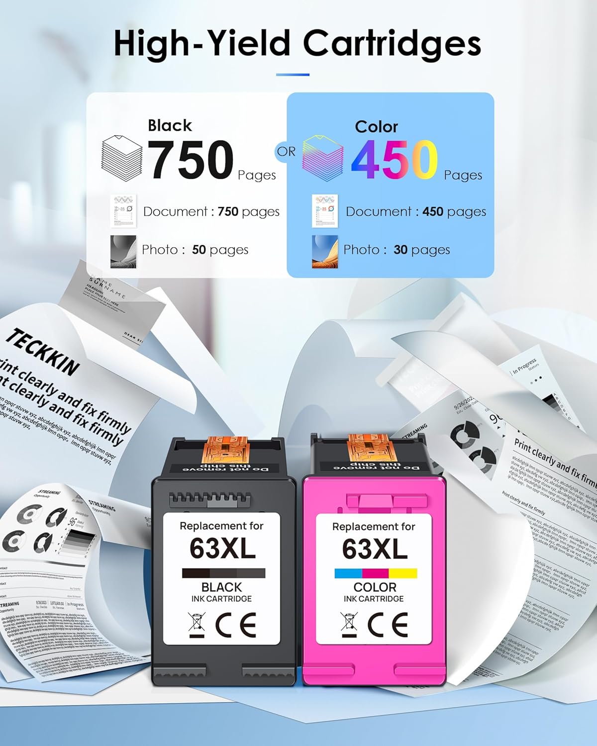 63XL Black/Tri-Color Ink Cartridge (2-Pack) for HP Ink 63 Replacement for HP 63XL Ink Cartridge Combo Pack Work for HP OfficeJet 3830 4650 5255 5258; Envy 4520 4512; DeskJet 1112 2130 3630 Printer - Image 3