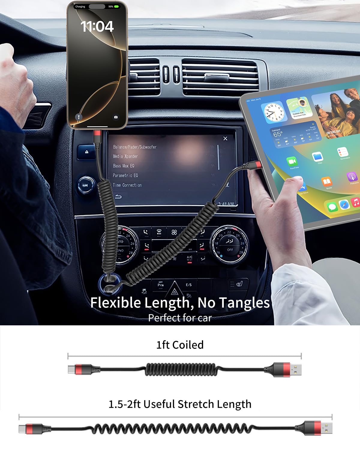 Coiled USB C Cable 2 Pack, USB Type C Coiled Cable Fast Charging USB to USB C Cord Coiled for iPhone 16 15 Pro Max, Samsung Galaxy S24 S23, Moto G8, Google Pixel, Retractable USB C Cable for Car - Image 5