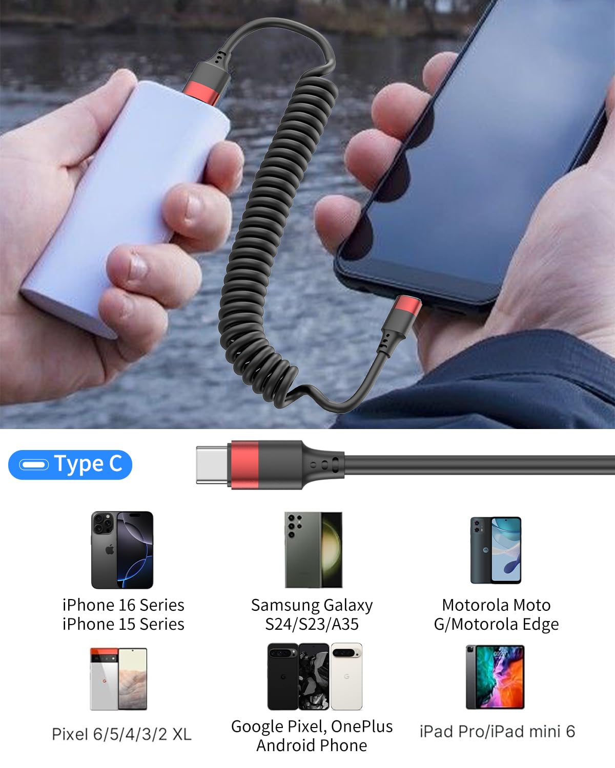 Coiled USB C Cable 2 Pack, USB Type C Coiled Cable Fast Charging USB to USB C Cord Coiled for iPhone 16 15 Pro Max, Samsung Galaxy S24 S23, Moto G8, Google Pixel, Retractable USB C Cable for Car - Image 7