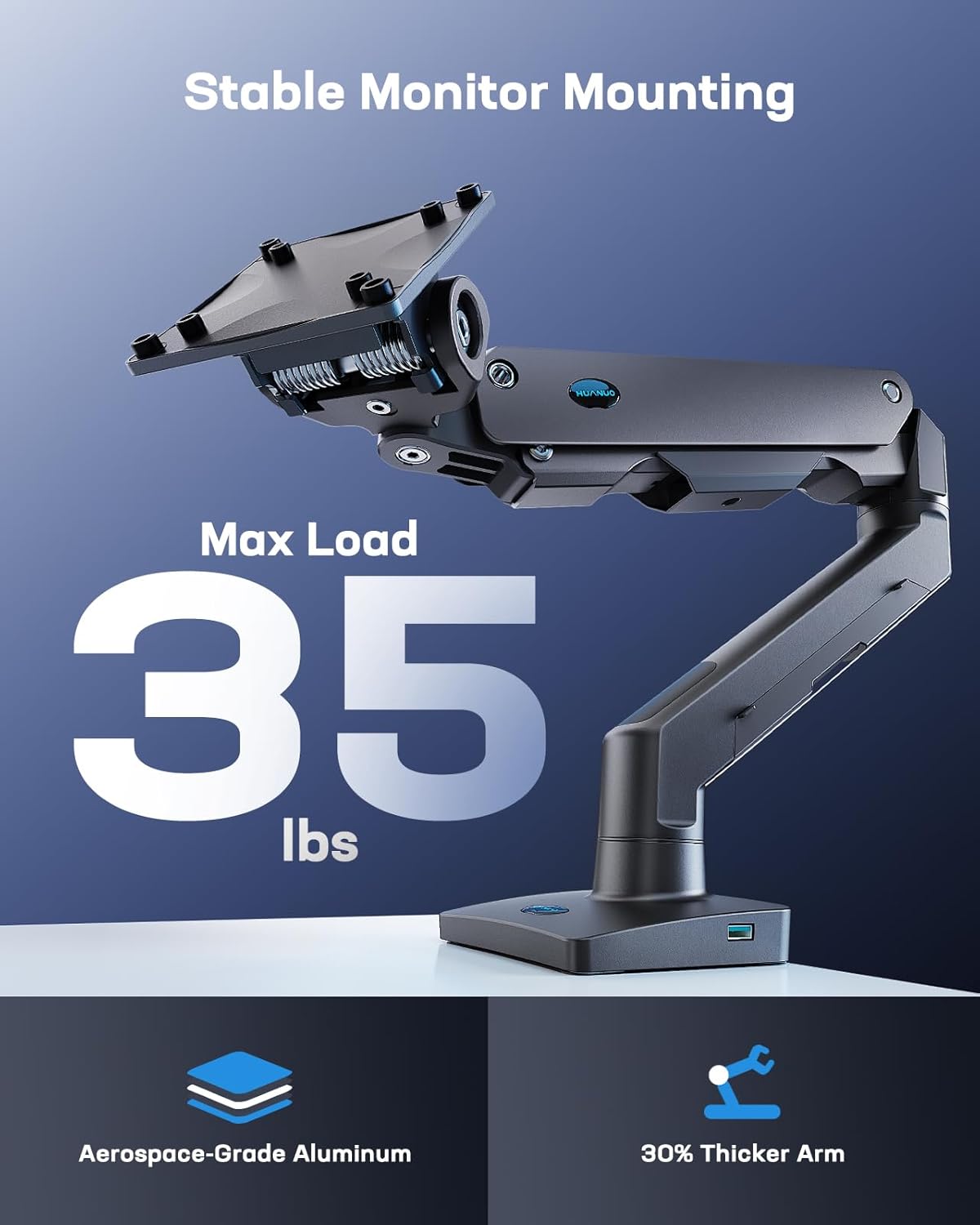 HUANUO Heavy Duty Monitor Arm for 49 inches Screens up to 35 lbs, Aluminum Ultrawide Monitor Arm for Samsung Odyssey G9 and More, Fully Adjustable Monitor Stand for Desk, VESA 100x100mm, Black - Image 3