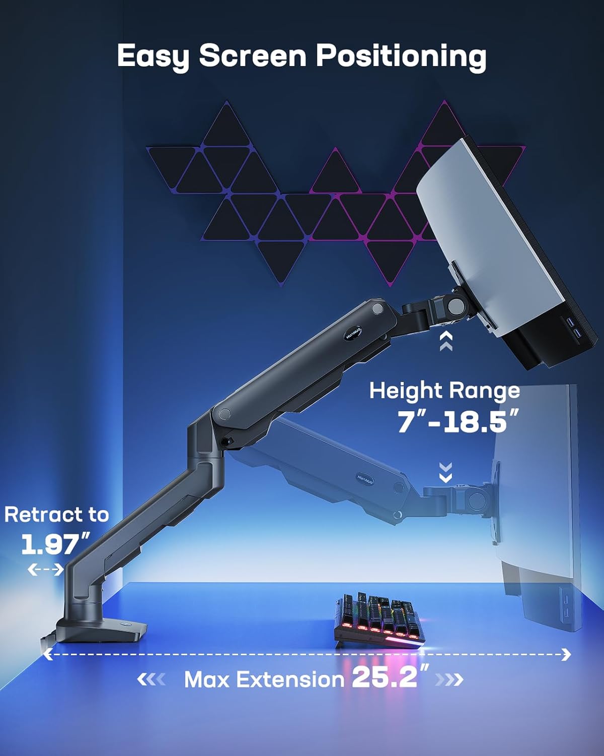 HUANUO Heavy Duty Monitor Arm for 49 inches Screens up to 35 lbs, Aluminum Ultrawide Monitor Arm for Samsung Odyssey G9 and More, Fully Adjustable Monitor Stand for Desk, VESA 100x100mm, Black - Image 4