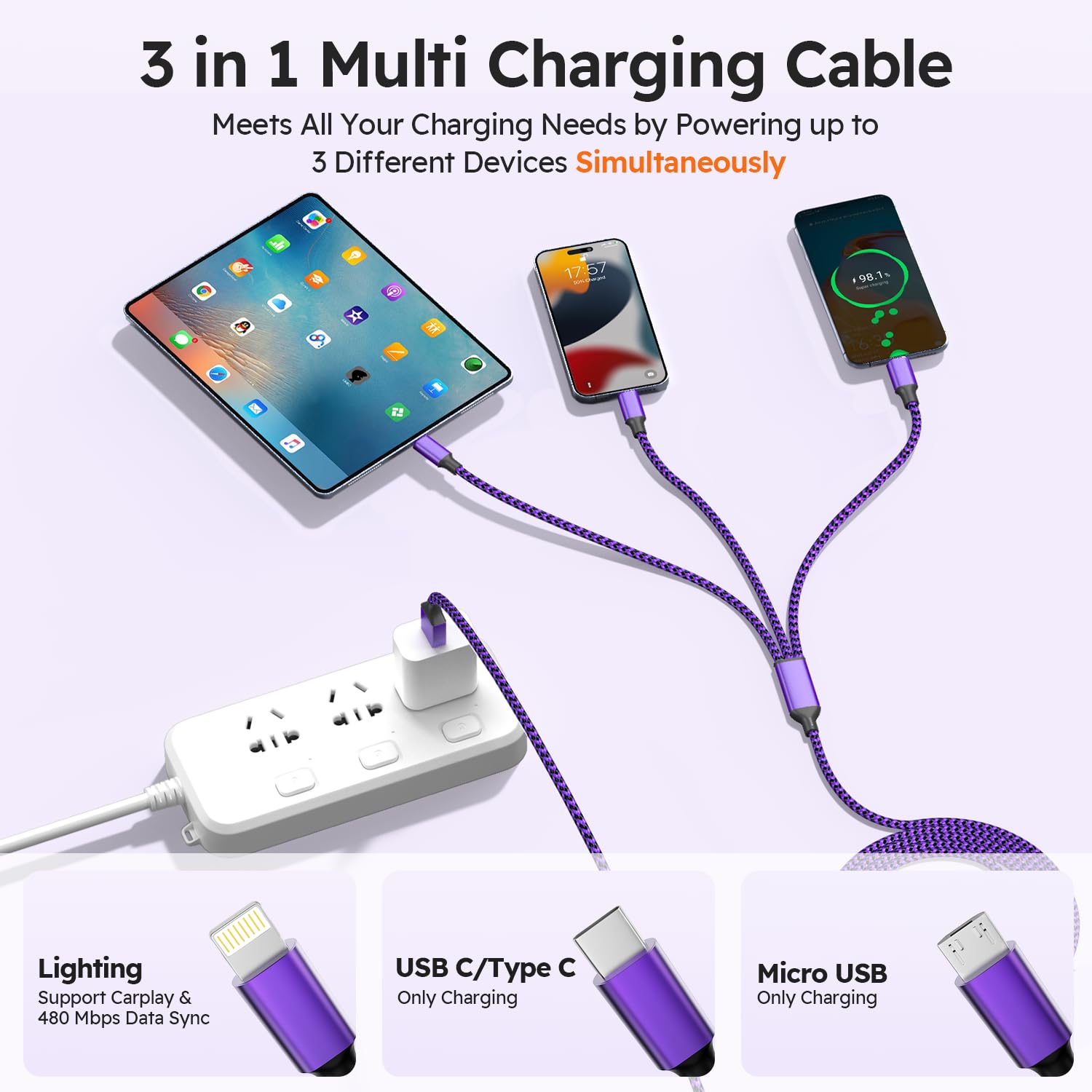 2Pack 4FT USB Multi Charging Cable, 3 in 1 Universal Charging Cable for Multiple Devices, Nylon Braided Phone Charger Cord with Type C, Micro USB, Lightning Port - Image 3