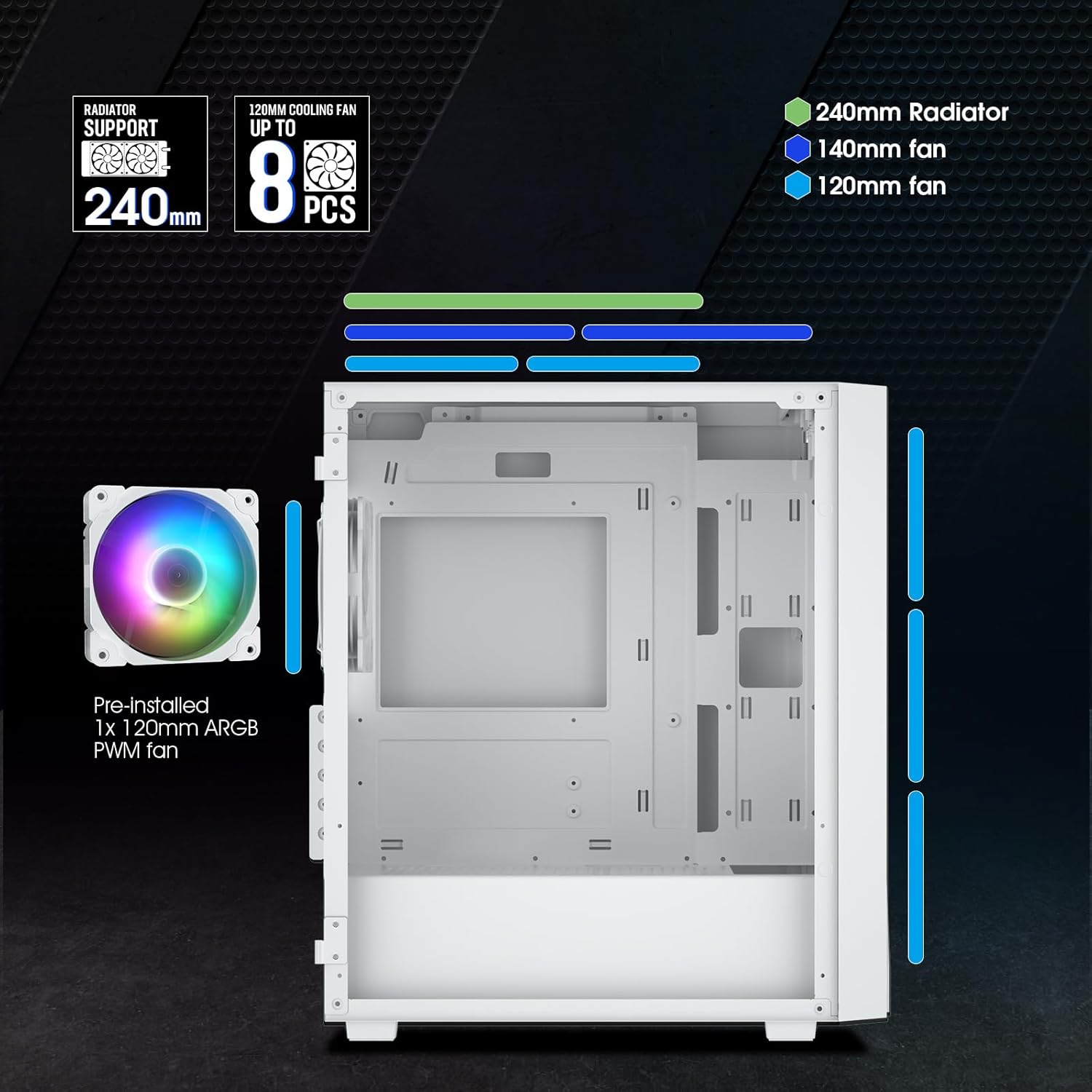Vetroo M05 Micro ATX Computer PC Case with Door Open Tempered Glass Side Panel & Mesh Front Panel, Pre-Installed 120mm ARGB Fan in Rear, Support 240mm Radiator, Type-C Port - White - Image 4